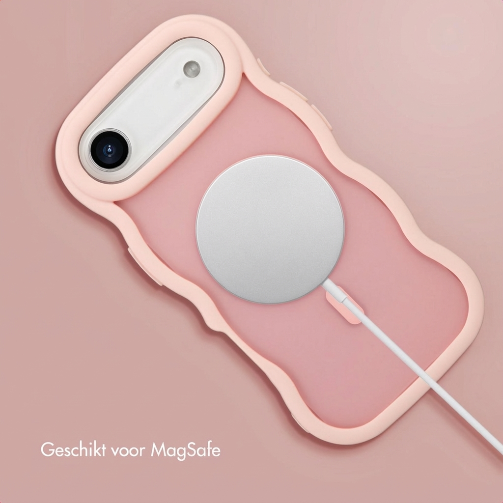 Una custodia rosa per telefono con modulo fotocamera bianco e caricabatterie MagSafe argento collegato, su sfondo rosa.
