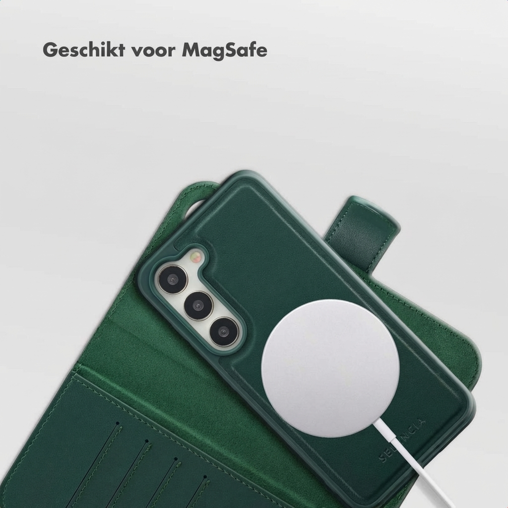 Custodia verde per telefono con caricatore MagSafe. Testo: 'Geschikt voor MagSafe'.