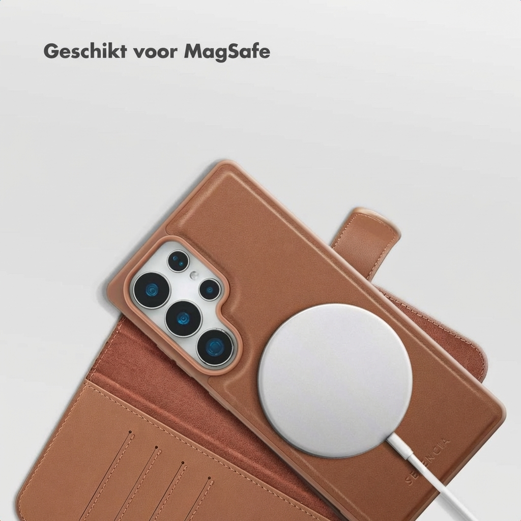 Una custodia per telefono marrone con caricabatterie MagSafe e fotocamere.