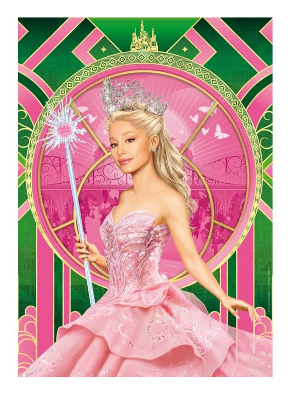 Eine Frau mit Krone und Zauberstab trägt ein rosa Kleid vor einem runden Muster.
