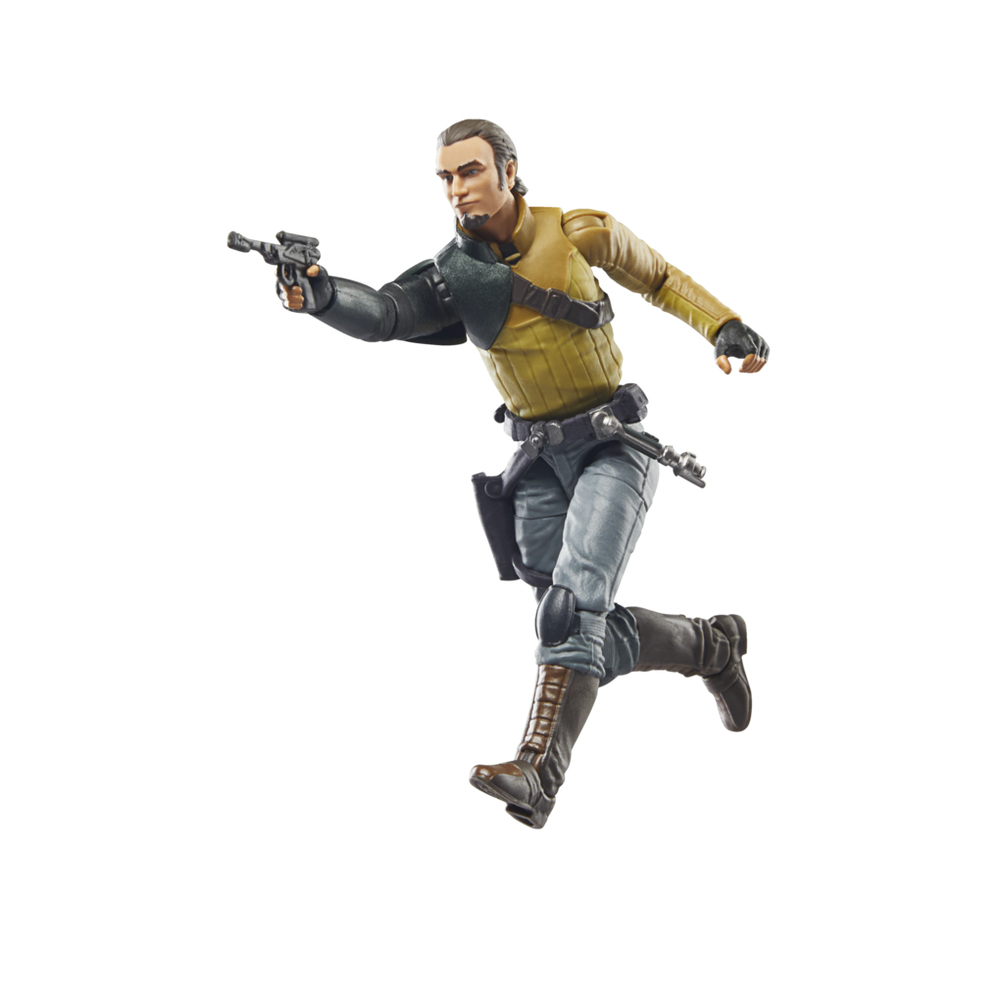 Eine Actionfigur eines Mannes mit Waffe, der rennt. Er trägt eine gelbe Weste und graue Hosen.