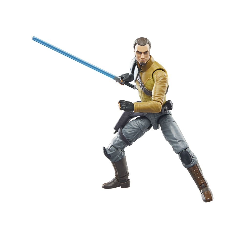 Eine Actionfigur mit gelber Jacke und blauem Lichtschwert.