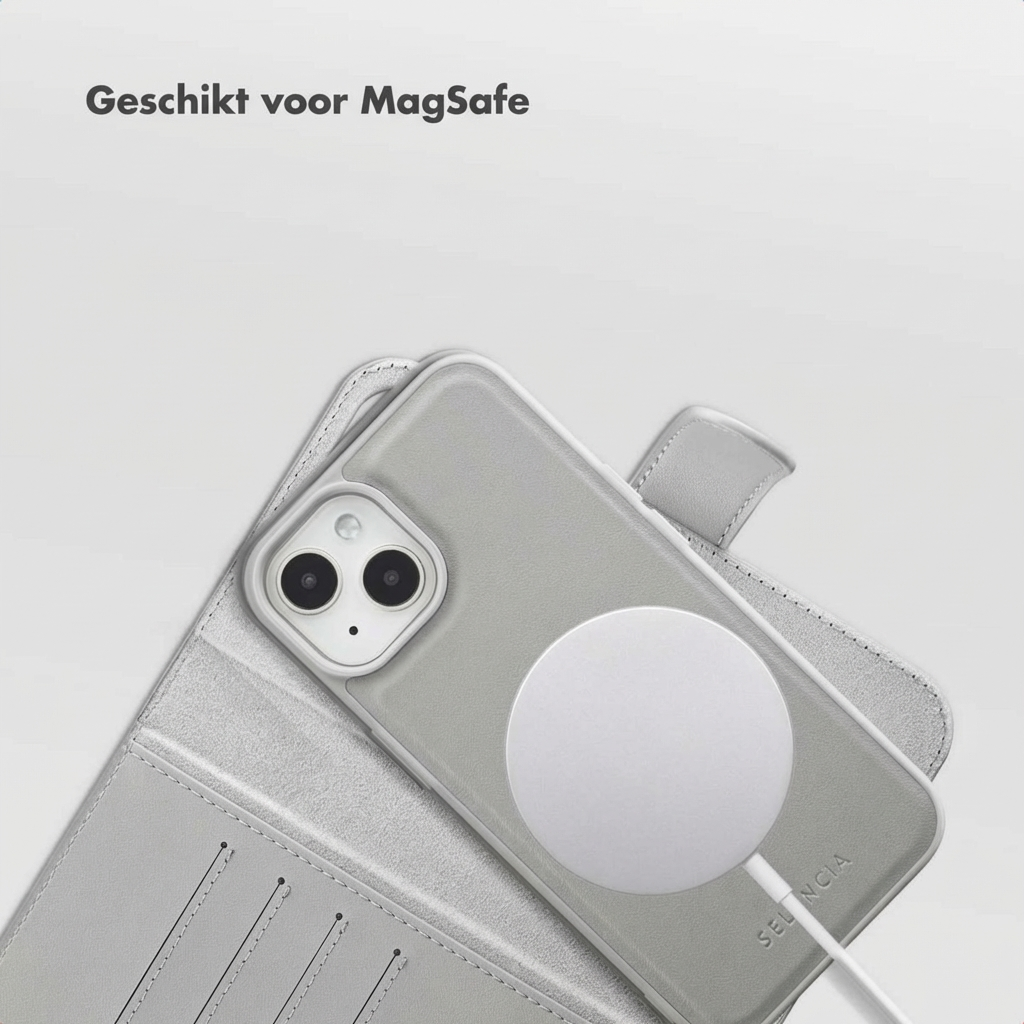 Un iPhone 13 grigio chiaro in una custodia a libro aperta, con un caricabatterie MagSafe bianco attaccato sul retro.