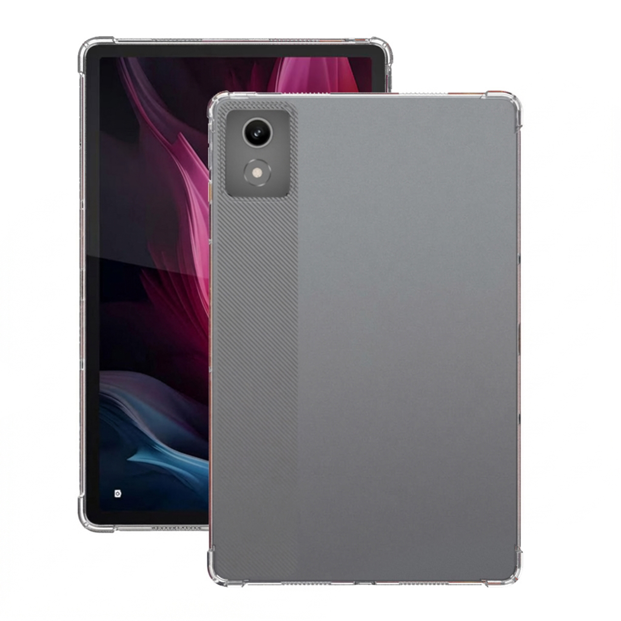 Two tablets are shown in clear cases. The front tablet is turned over, displaying its back with a camera and textured pattern.