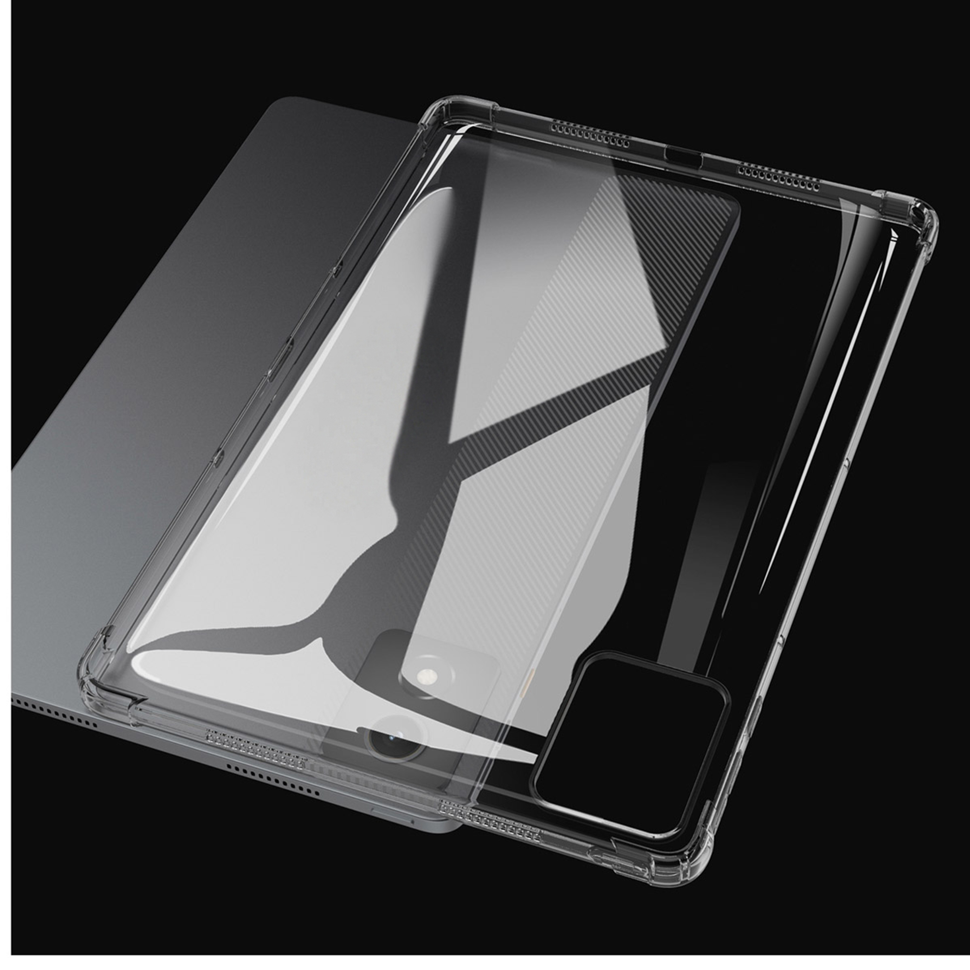 A clear phone case lies on a dark background.