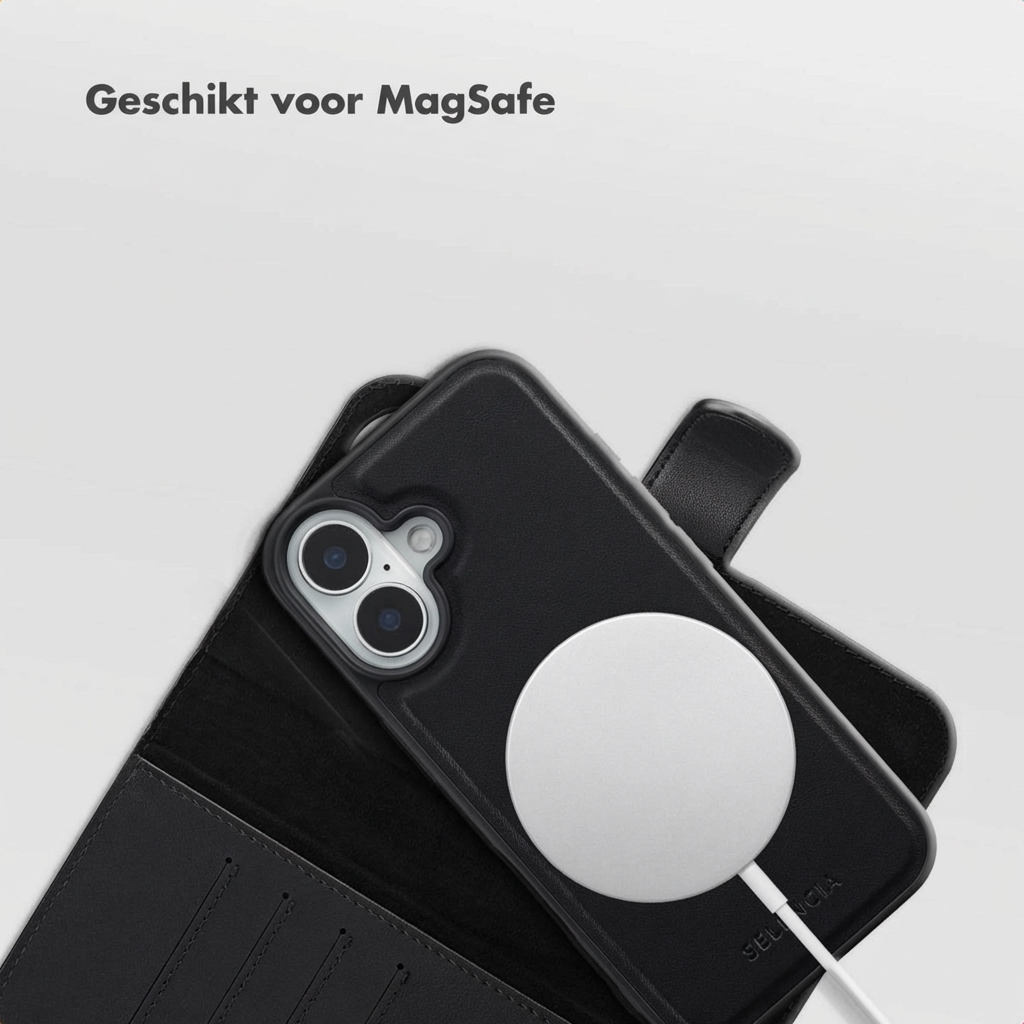 iPhone nero con caricatore MagSafe e custodia in pelle aperta
