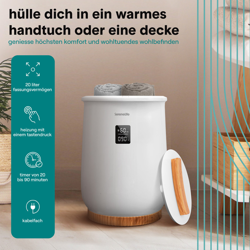 Ein weißer Handtuchwärmer mit Holzsockel und aufgerollten Handtüchern oben.
