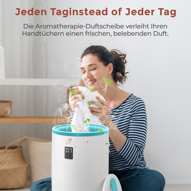 Frau riecht an Handtuch über einem weißen Gerät mit Blumenblättern.