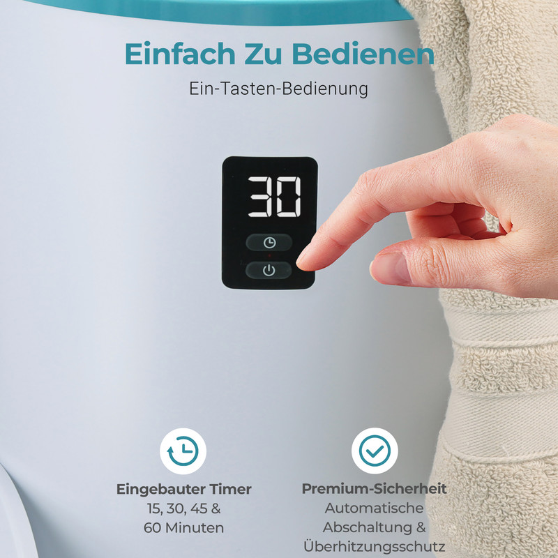 Eine Hand drückt den Power-Knopf auf einem digitalen Display mit der Anzeige 30.