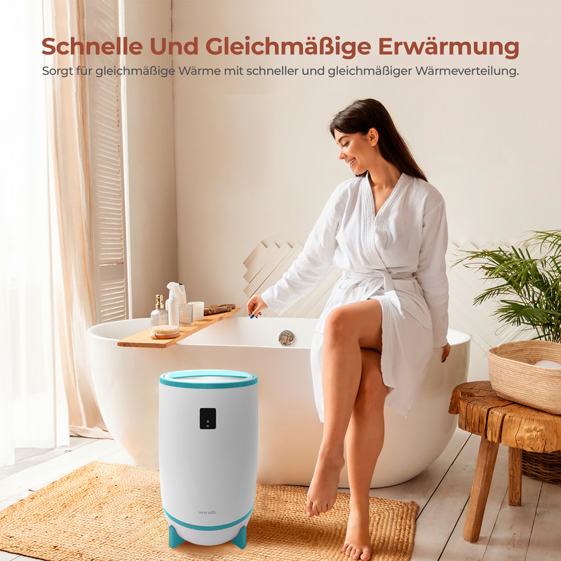 Eine Frau im Bademantel sitzt neben einem Heizgerät und einer Badewanne.