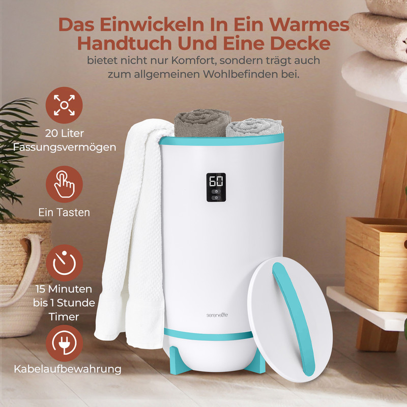 Ein weißer Handtuchwärmer mit türkisfarbenen Akzenten und einem digitalen Display.