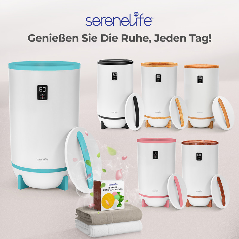 Mehrere weiße Dampfgarer mit digitalen Anzeigen und farbigen Akzenten, daneben Duftpackungen und Handtücher.