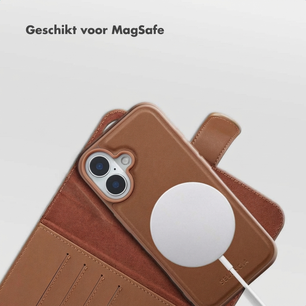 Una custodia per telefono in pelle marrone con un telefono all'interno, caricato in modalità wireless da un caricabatterie MagSafe bianco. Il testo dice "Geschikt voor MagSafe".