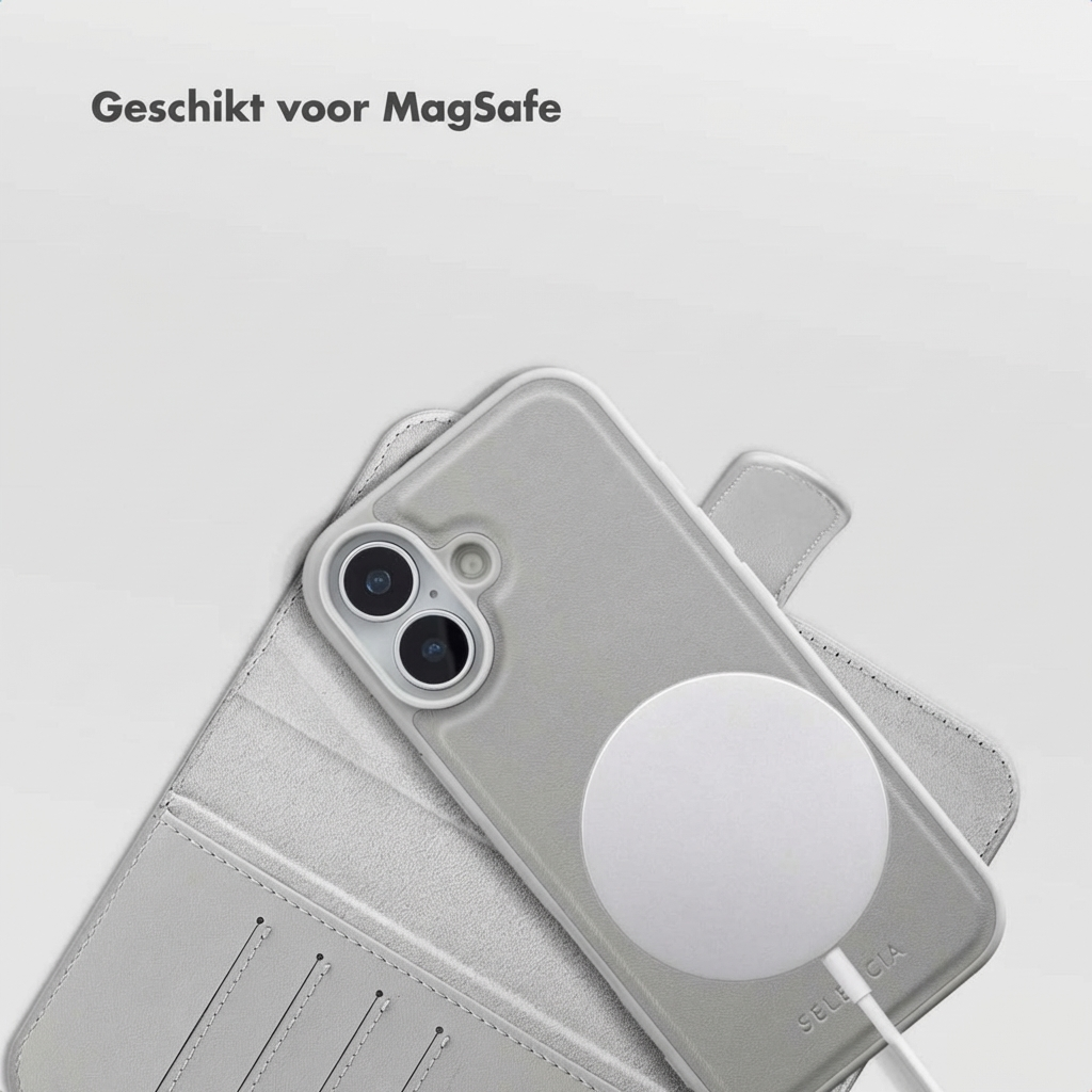 iPhone grigio con caricabatterie MagSafe e custodia a portafoglio.