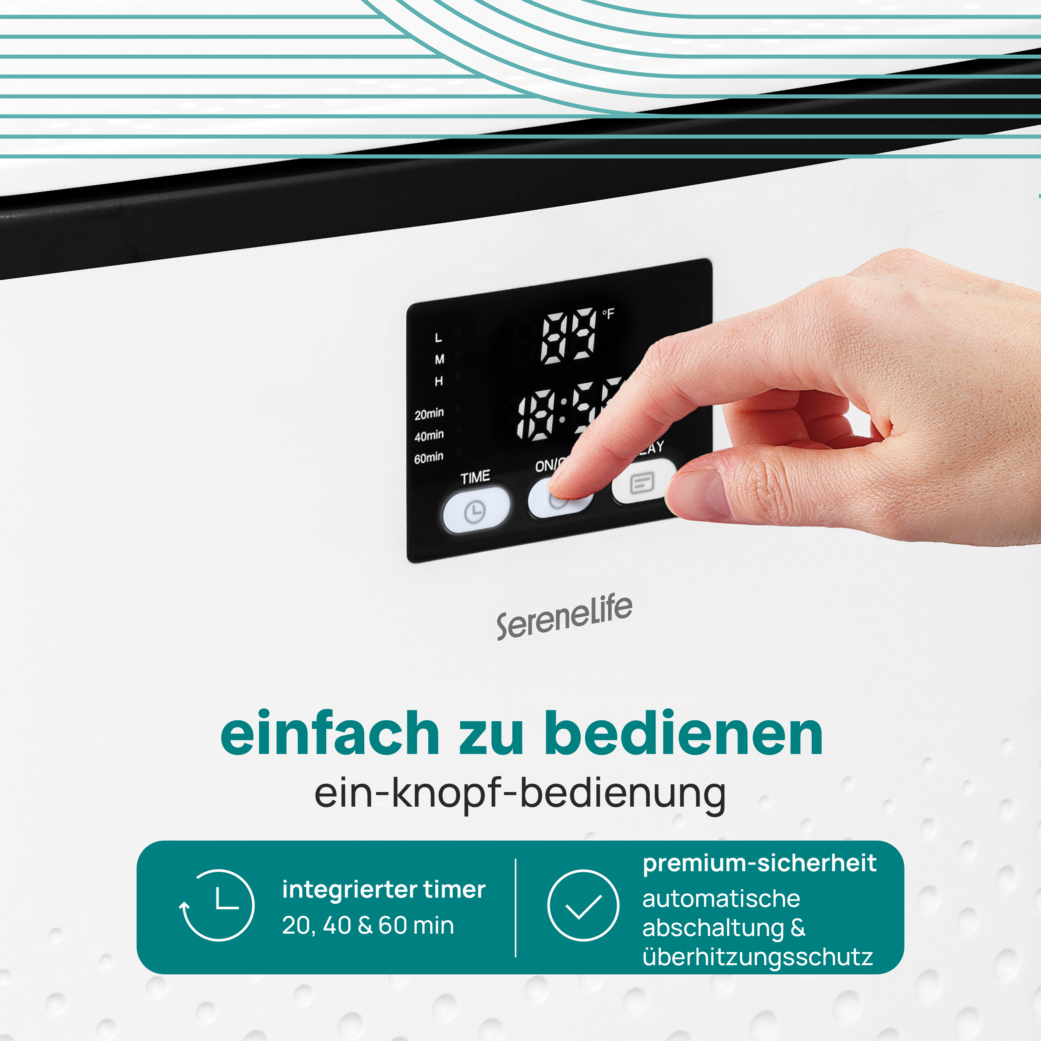 Eine Hand drückt die ON/O-Taste auf einem digitalen Display mit Timer-Optionen.