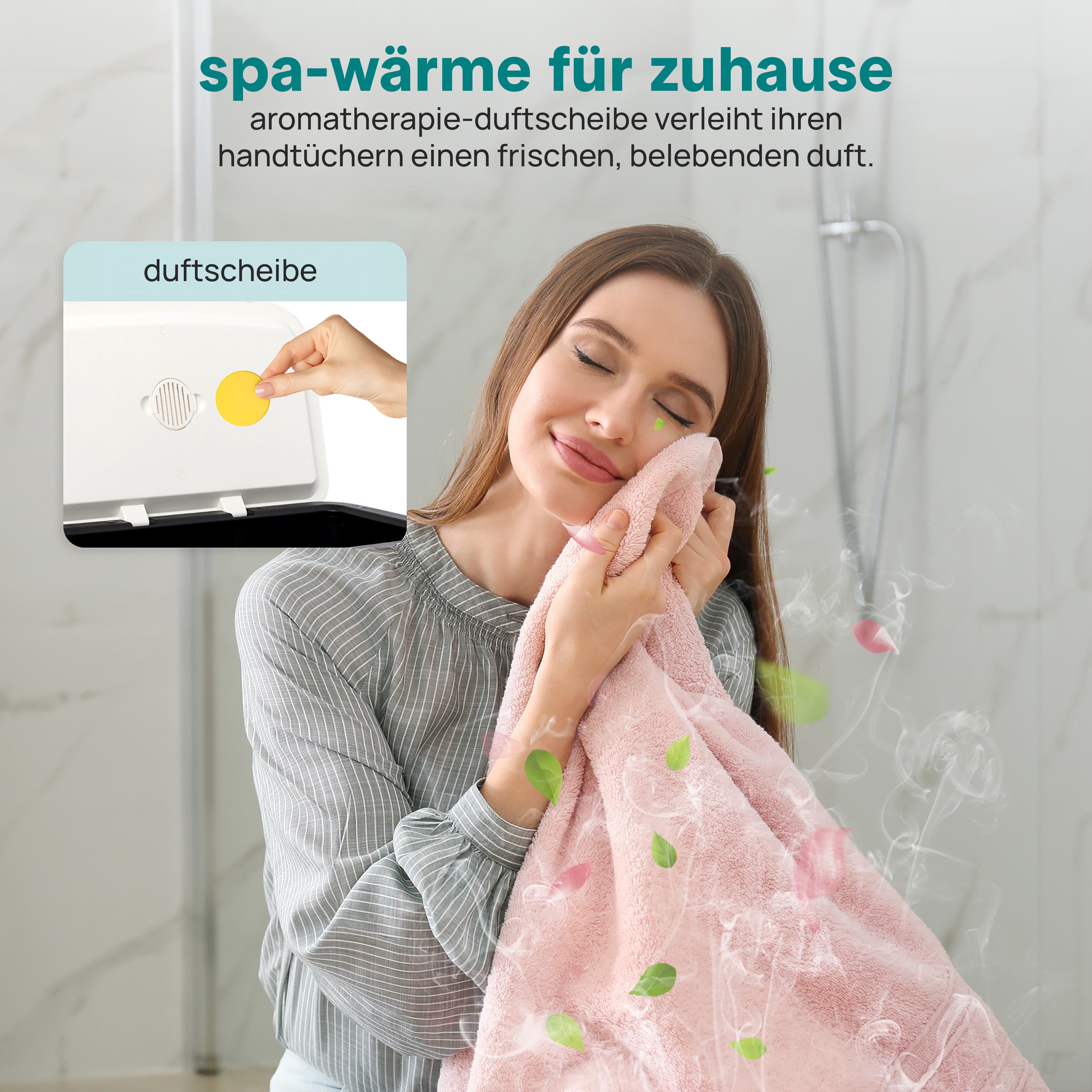Frau genießt Duft von rosa Handtuch mit Duftscheibe.