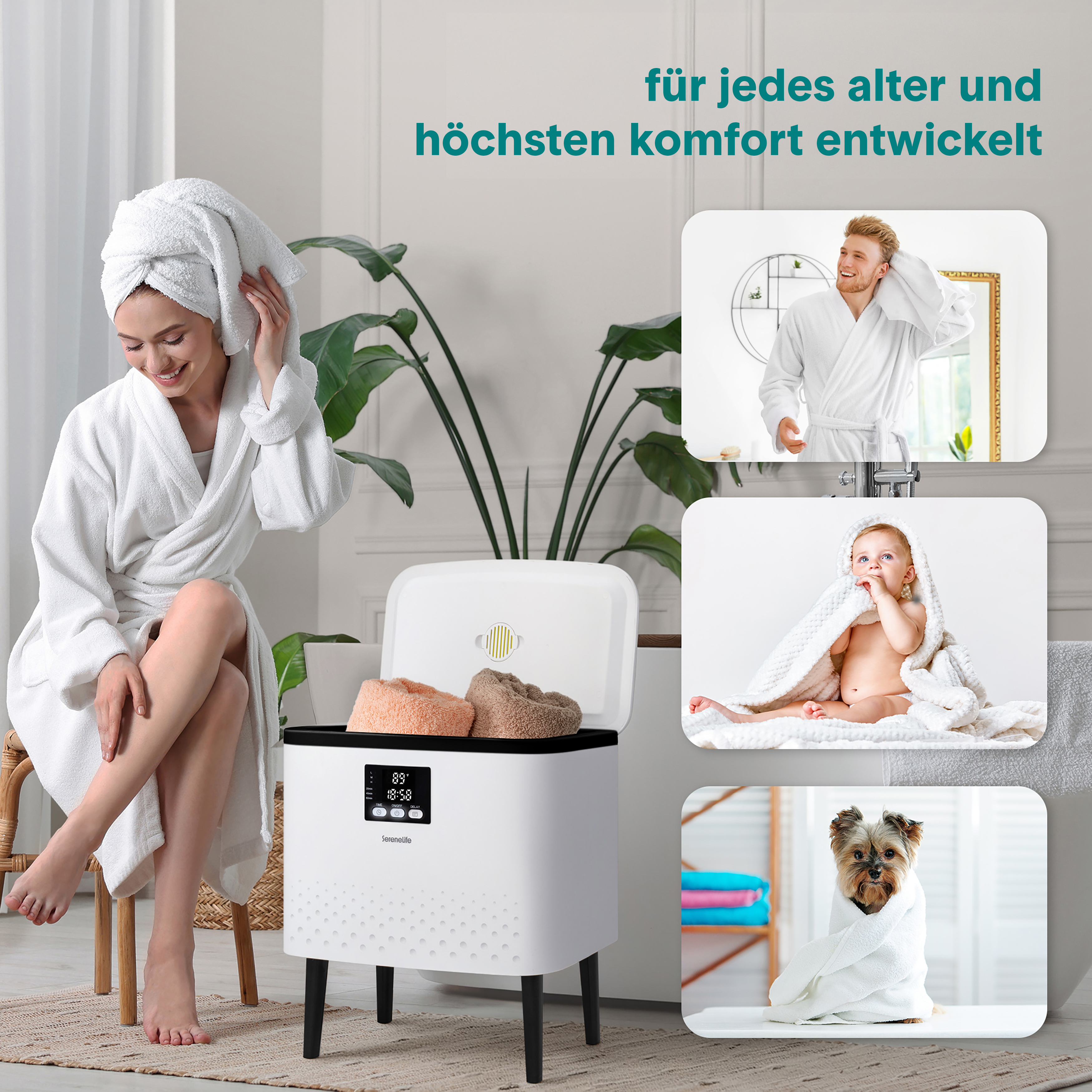 Eine Frau, ein Mann, ein Baby und ein Hund sind in Handtücher gehüllt.