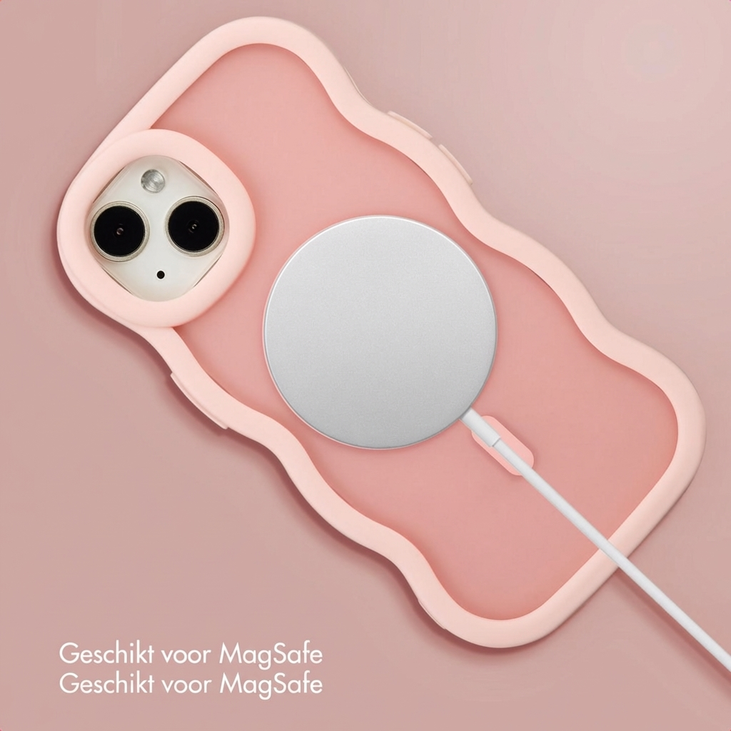 Una cover rosa per telefono con bordo ondulato, con un caricabatterie MagSafe circolare argentato attaccato sul retro.