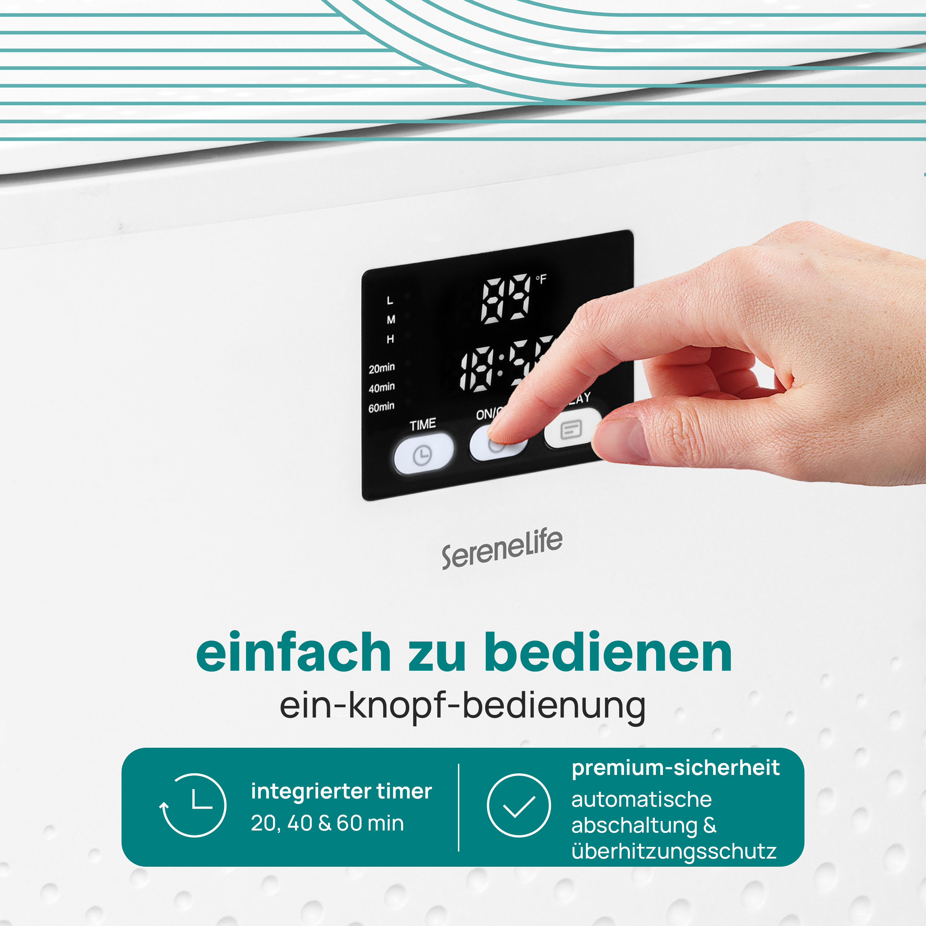 Eine Hand bedient ein digitales Display mit Timer und Temperaturanzeige.