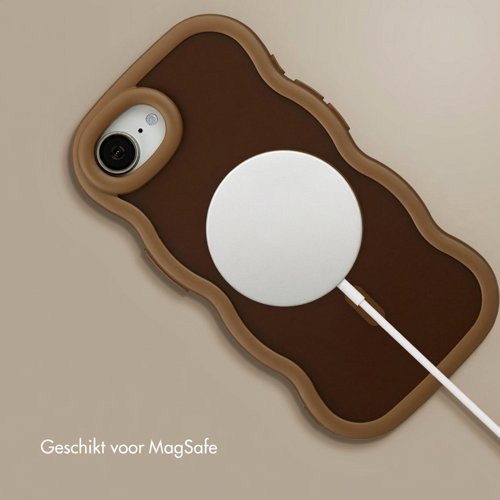 Eine braune Handyhülle mit gewelltem hellbraunem Rand hat ein weißes rundes MagSafe-Ladegerät auf der Rückseite.