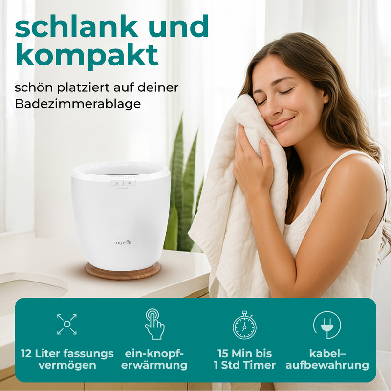 Eine Frau trocknet ihr Gesicht mit einem Handtuch neben einem weißen Handtuchwärmer.