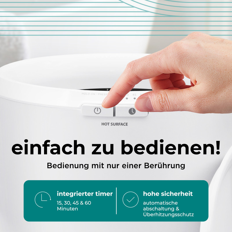 Eine Hand drückt einen Knopf auf einem weißen Gerät, mit deutschem Text, der Benutzerfreundlichkeit, integrierten Timer und Sicherheit hervorhebt.
