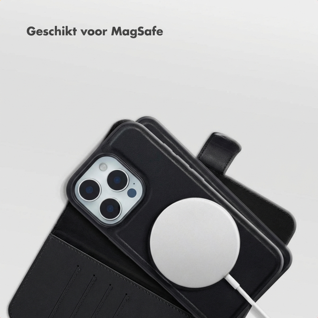 Un iPhone nero con caricatore MagSafe e custodia in pelle.
