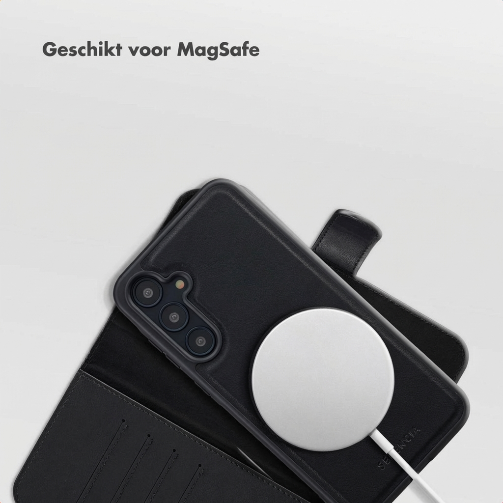 Una custodia nera per smartphone, con un telefono all'interno, è mostrata con un caricatore MagSafe circolare bianco attaccato sul retro.