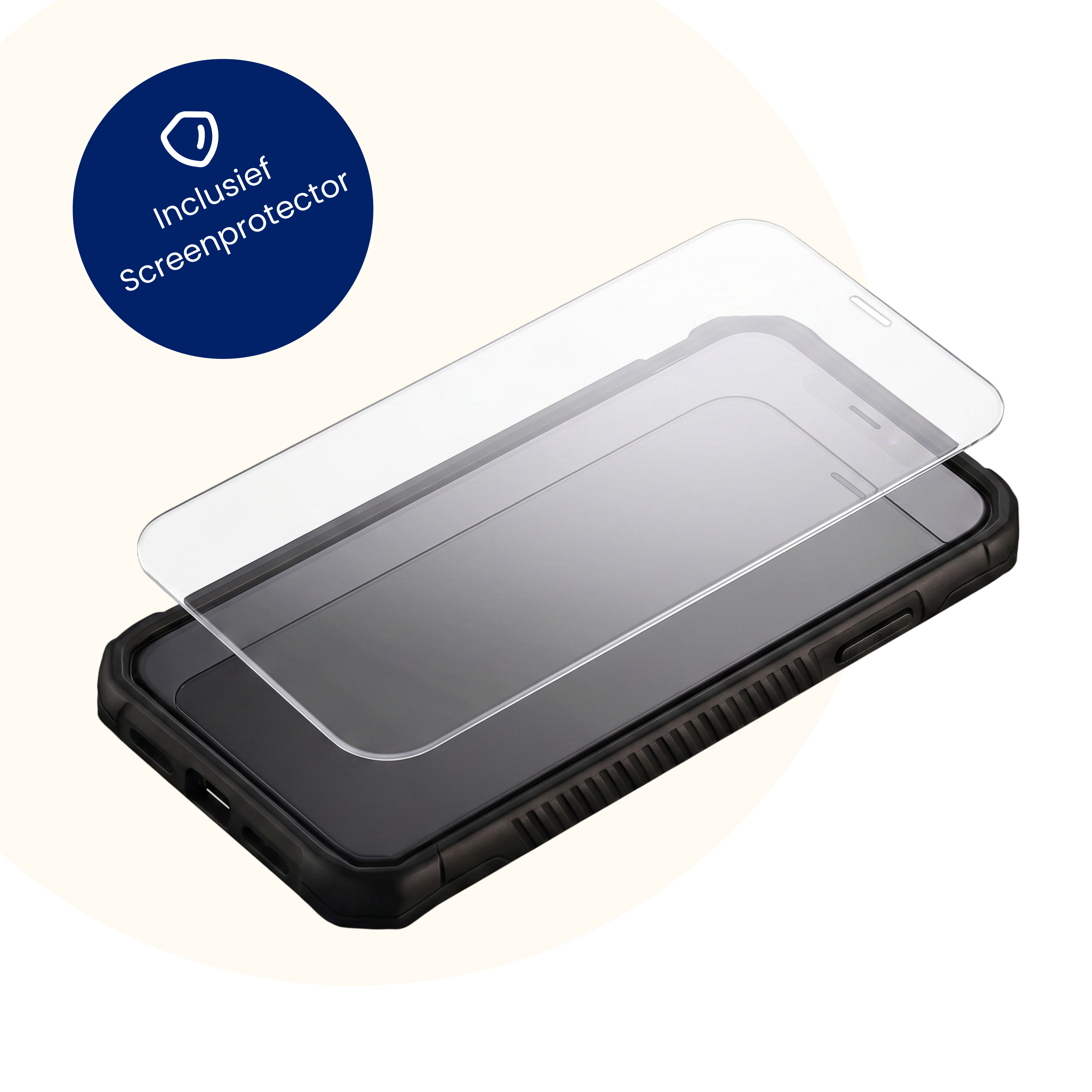 Ein Smartphone mit schwarzem Gehäuse und einer Displayschutzfolie darüber.
