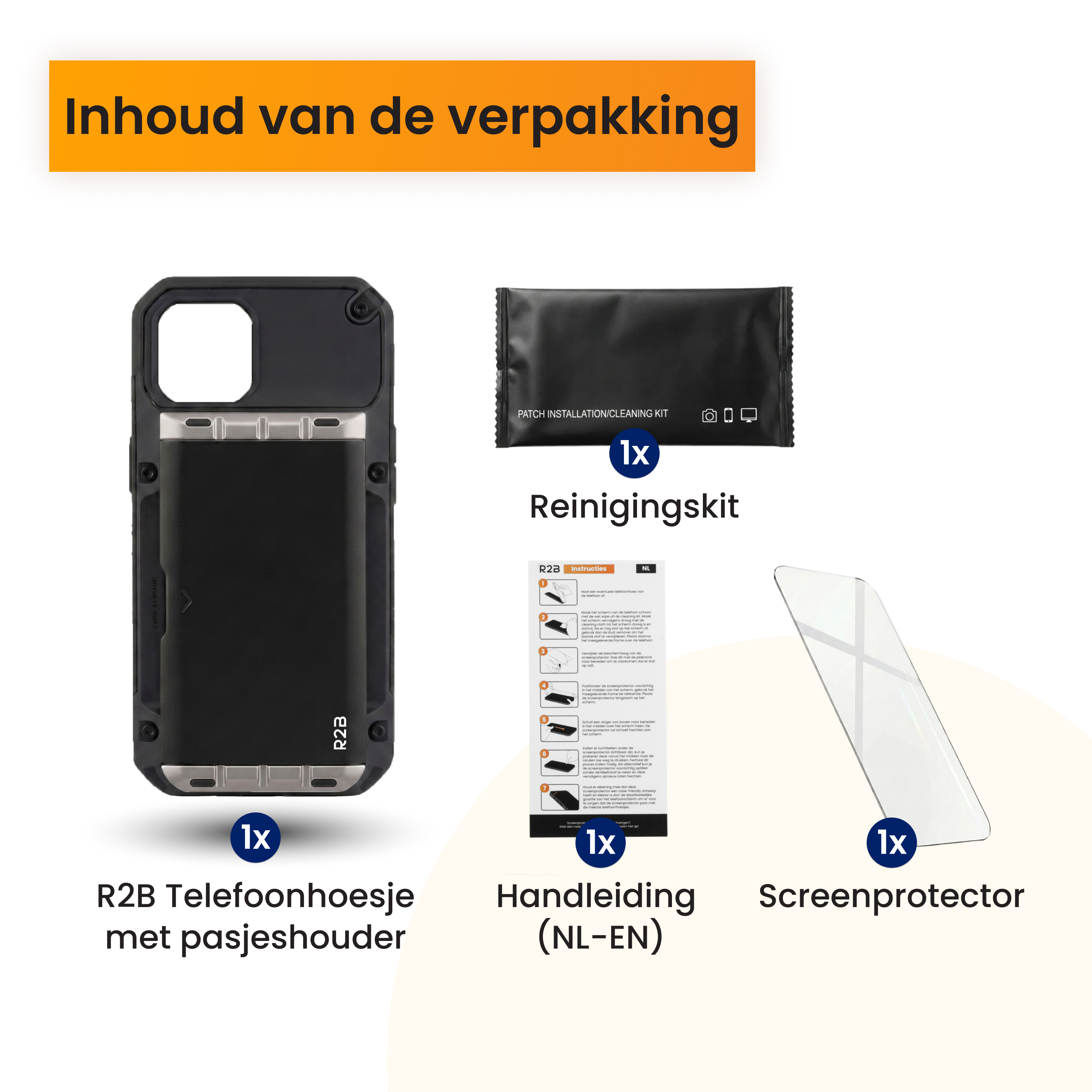 Package contents: Phone case, cleaning kit, manual, screen protector.