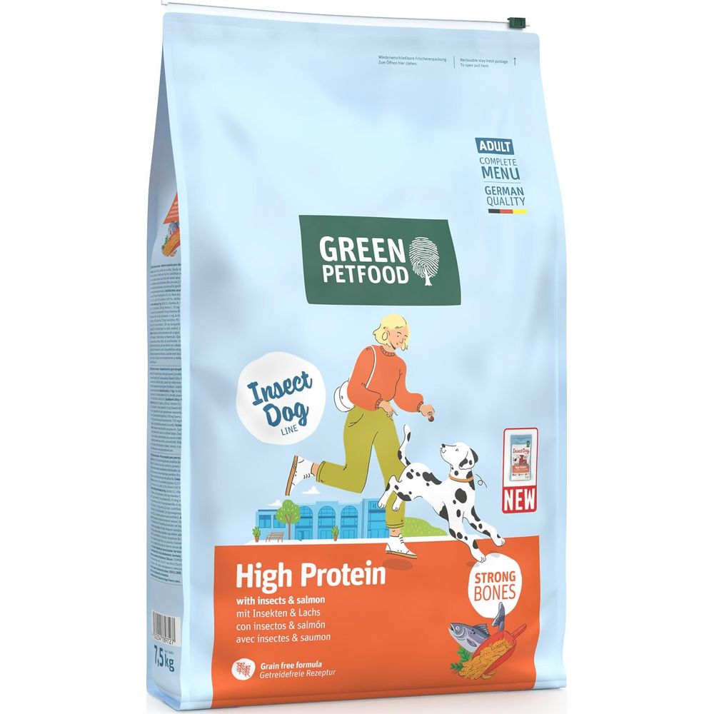 Hundefutter-Sack: Grüne Marke, Läuferin, Hund, Text: High Protein.