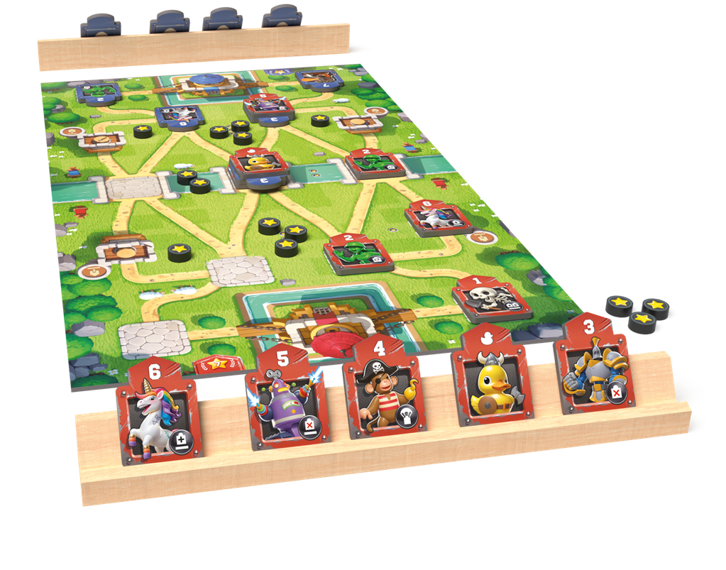 Buntes Brettspiel mit Charakterkarten: Einhorn, Roboter, Affe, Ente, Ritter.