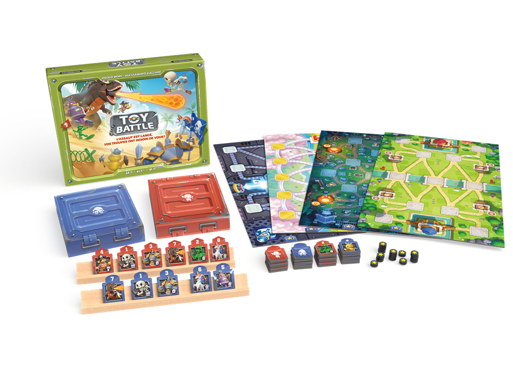 Brettspiel mit bunten Spielfeldkarten, zwei Aufbewahrungsboxen und Charakterkarten.
