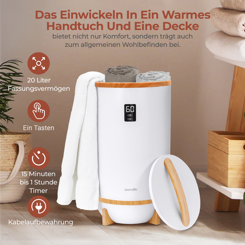 Ein weißer Handtuchwärmer mit Holzsockel, der "60" auf einem digitalen Bildschirm anzeigt, mit Handtüchern oben und an der Seite.