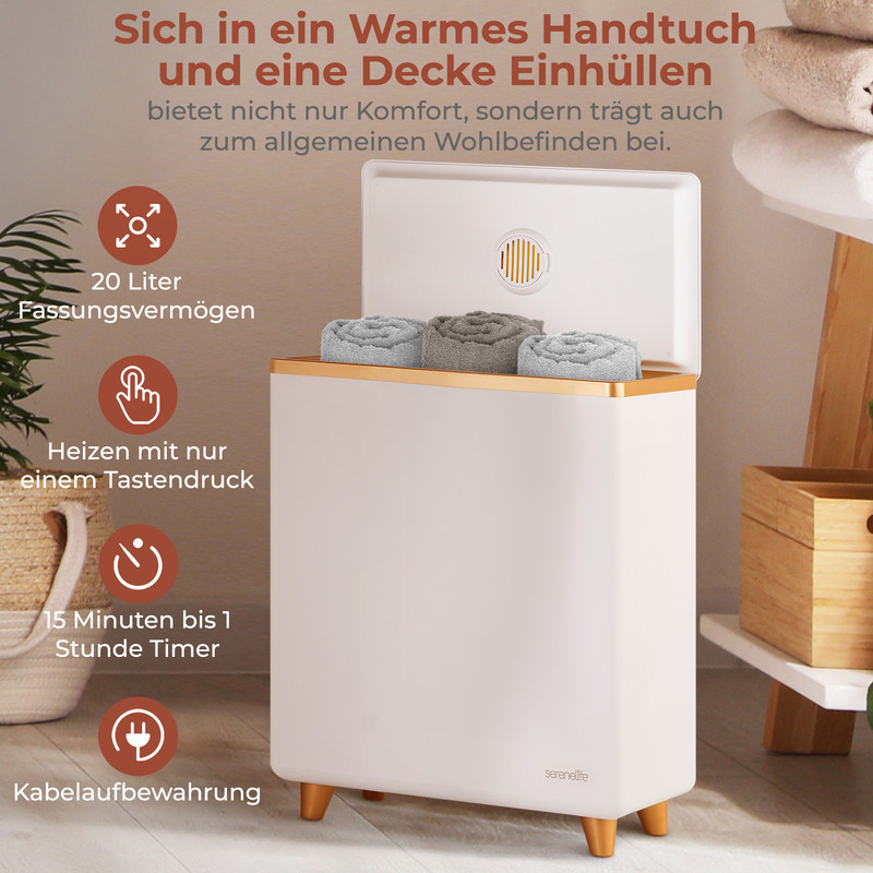 Ein weißer Handtuchwärmer mit drei gerollten Handtüchern und Text auf Deutsch.