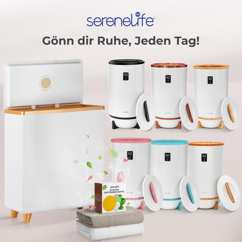 Ein weißer Korb mit offenem Deckel steht neben bunten Diffusoren und Handtüchern.