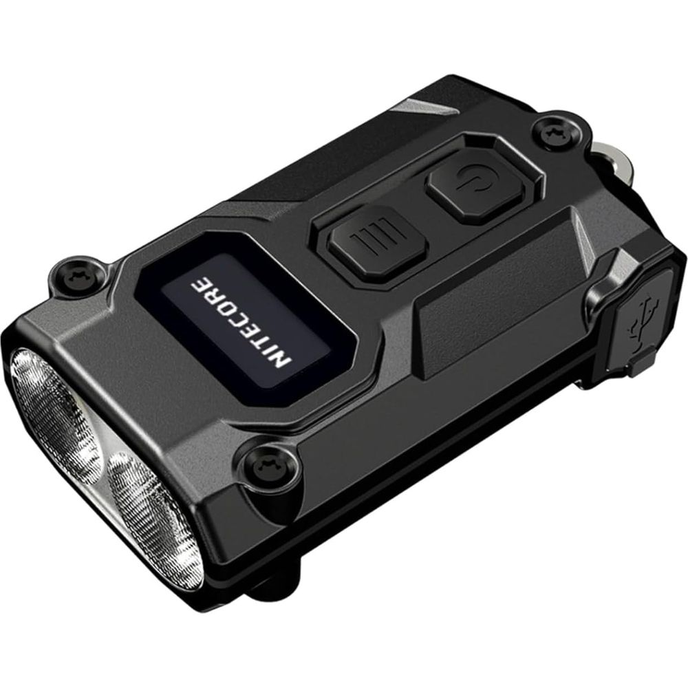Schwarze Taschenlampe mit Display und Tasten, USB-Anschluss.