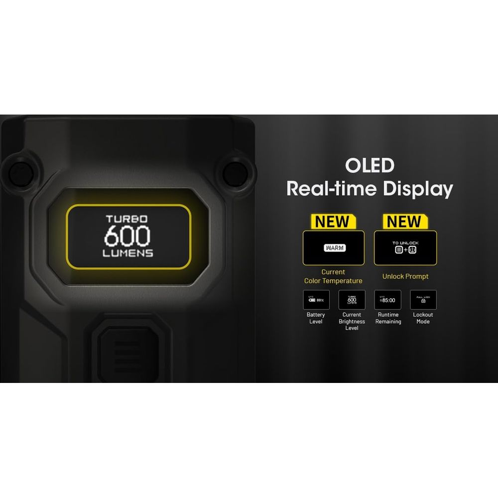 OLED-Display zeigt 600 Lumen Turbo, Farbtemperatur, Akku, Laufzeit und Sperrmodus.