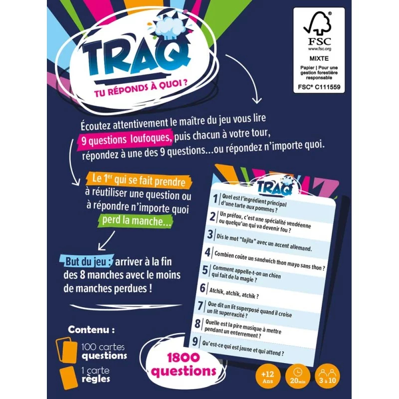 Spielverpackung mit Fragen und Regeln, FSC-Logo und Altersangabe +12.