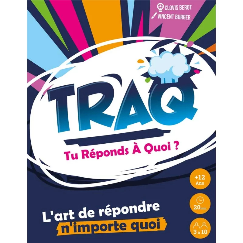 Brettspiel-Cover mit dem Titel TRAC: Tu Réponds À Quoi?