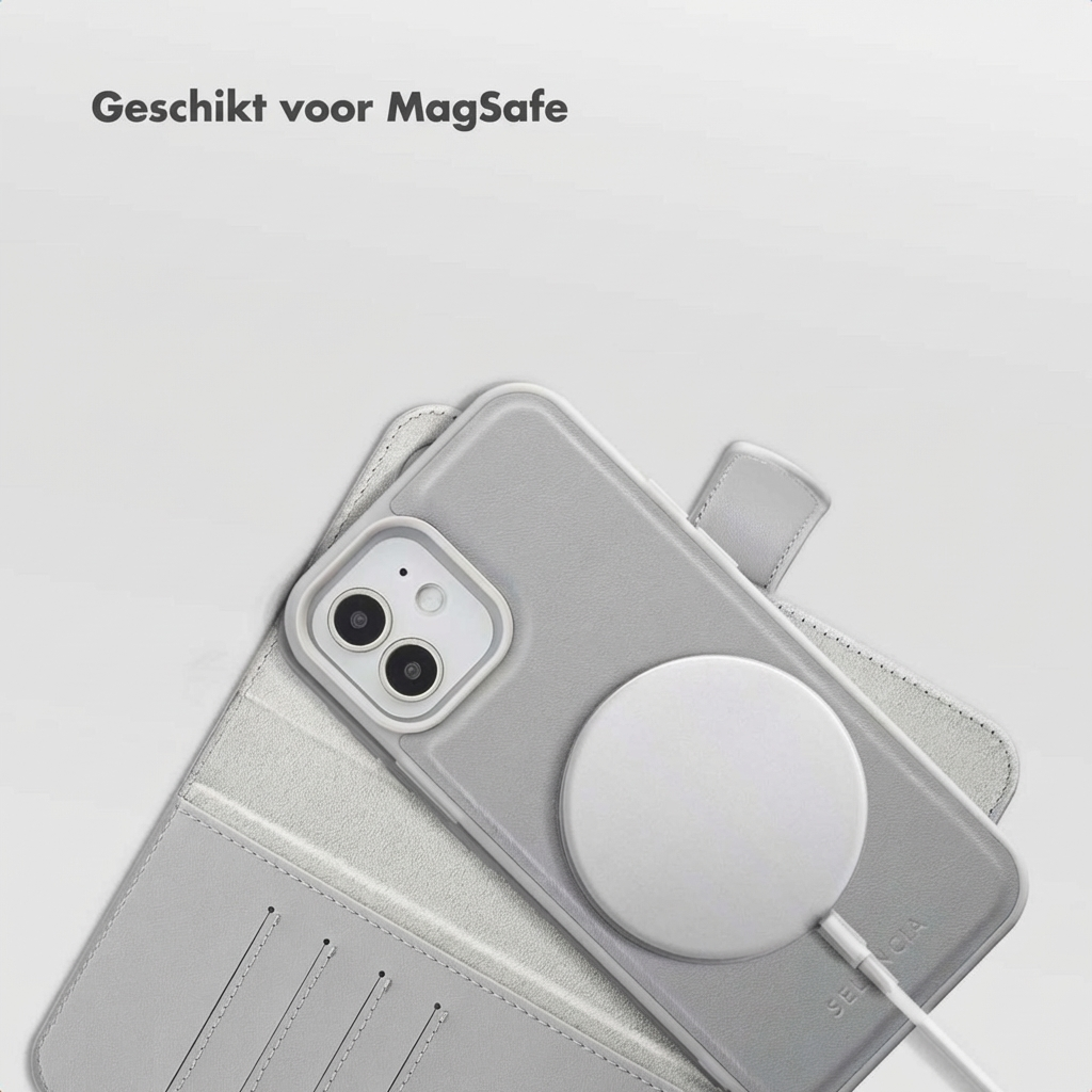Gray iPhone with MagSafe charger and a folio case.