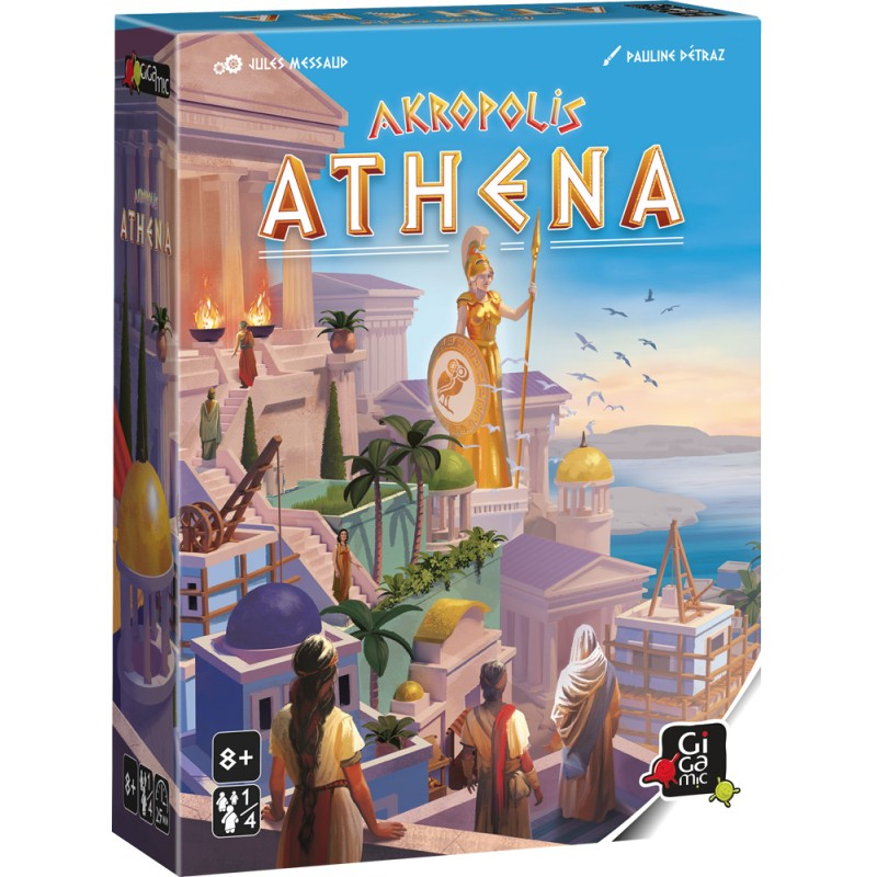Copertina gioco da tavolo raffigurante città antica, Atena e figure.