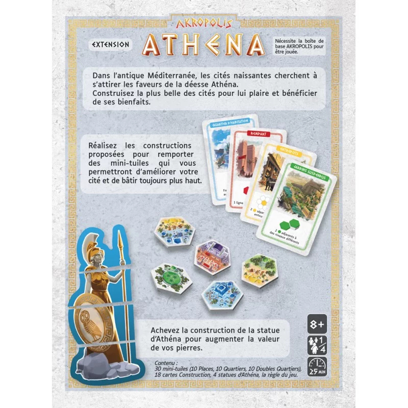 Espansione gioco da tavolo a tema Atena, con tessere e carte.