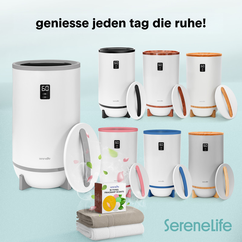 Mehrere weiße Luftreiniger mit digitalen Anzeigen und farbigen Akzenten.
