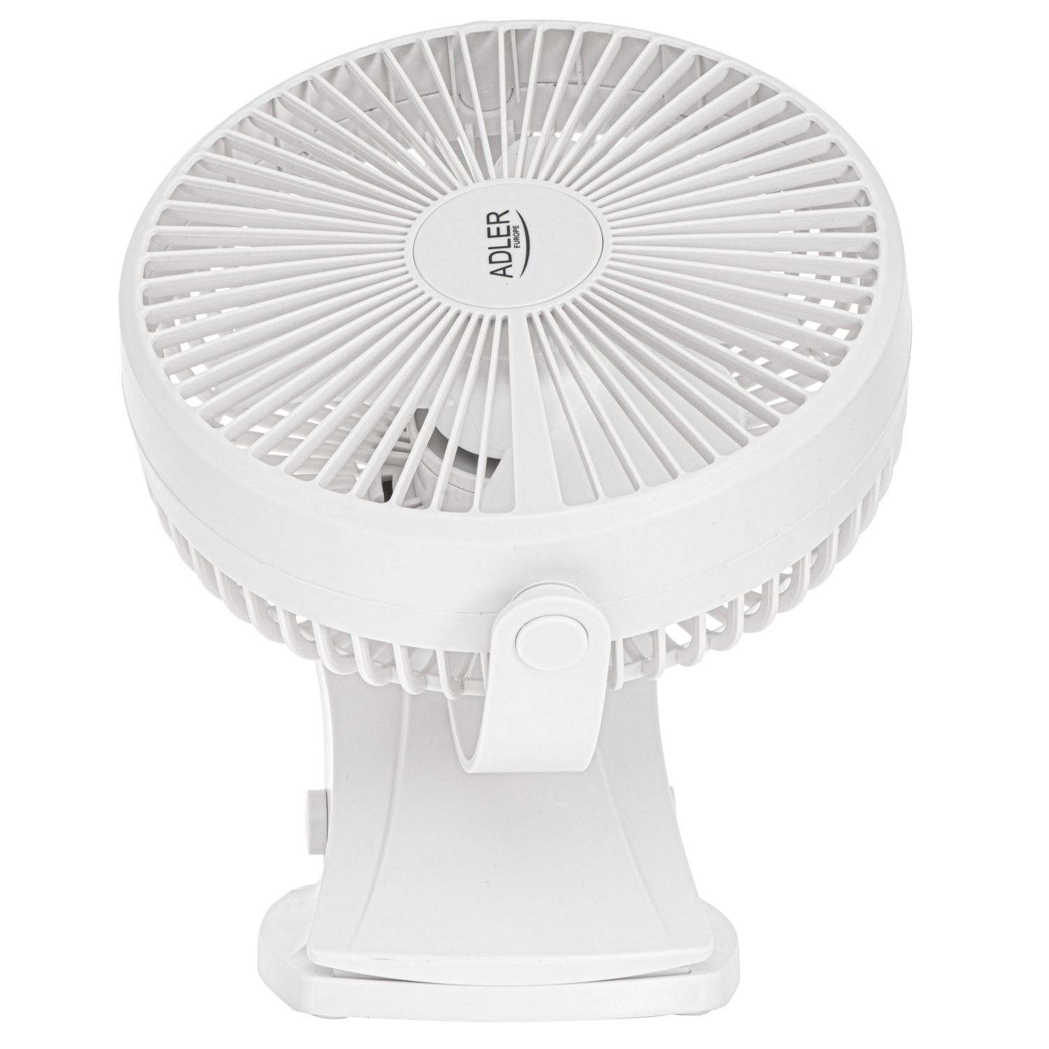 Ein weißer Tischventilator mit Klemmfuß steht auf einem weißen Hintergrund.