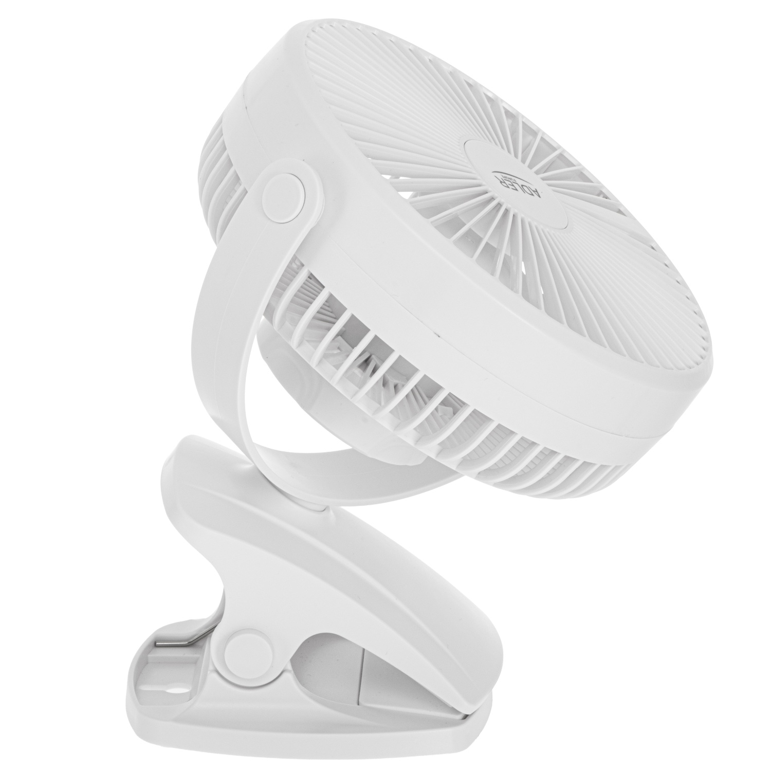 Ein weißer Clip-Ventilator mit schwenkbarem Kopf auf weißem Hintergrund.