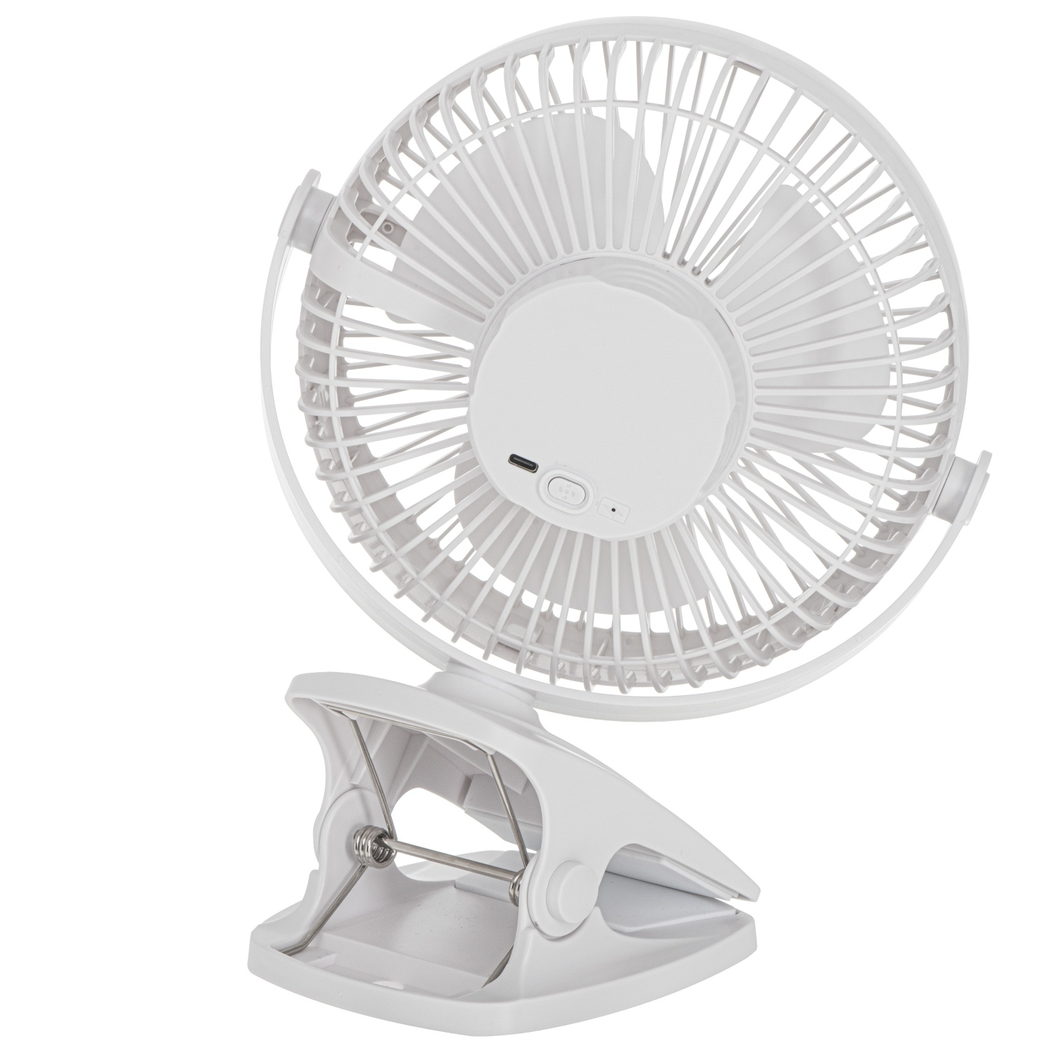Ein weißer Clip-On-Ventilator mit USB-Anschluss auf der Rückseite.