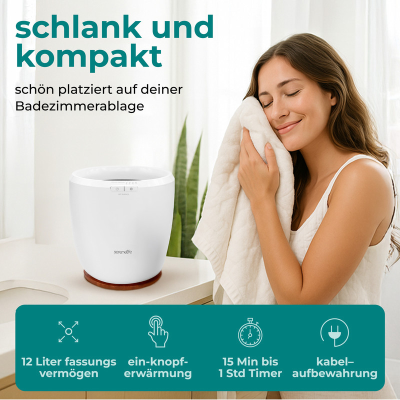 Eine Frau trocknet ihr Gesicht mit einem Handtuch, daneben ein weißer Behälter.