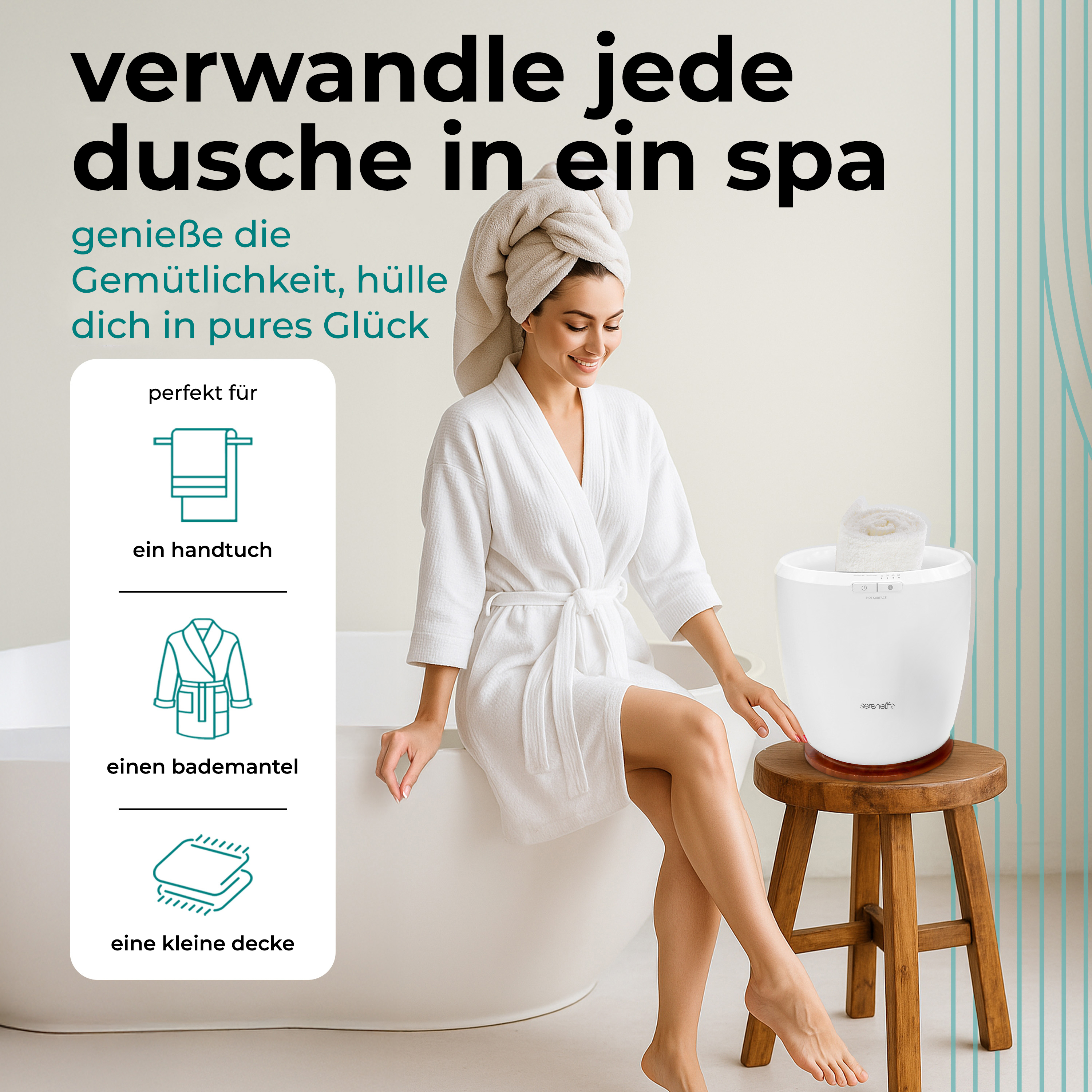 Frau im Bademantel sitzt neben einer Fußbadewanne, umgeben von Wellness-Symbolen.