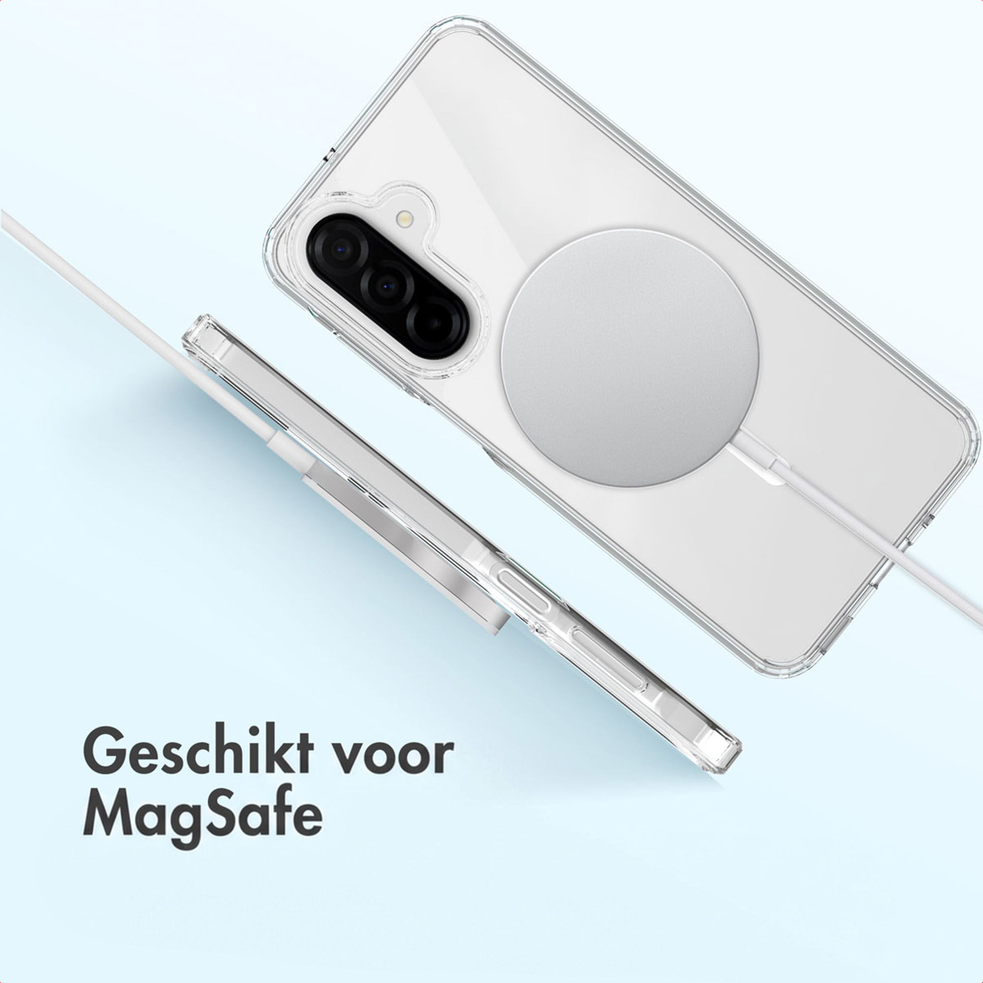 Una custodia trasparente per telefono con caricabatterie e cavo MagSafe.